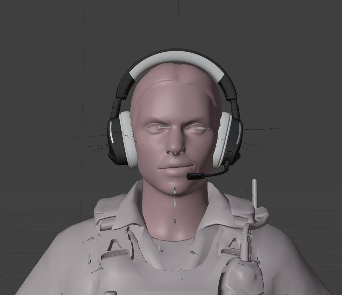 An untextured grey render of the headset positioned on a Counter-Strike character head in a 3D viewport