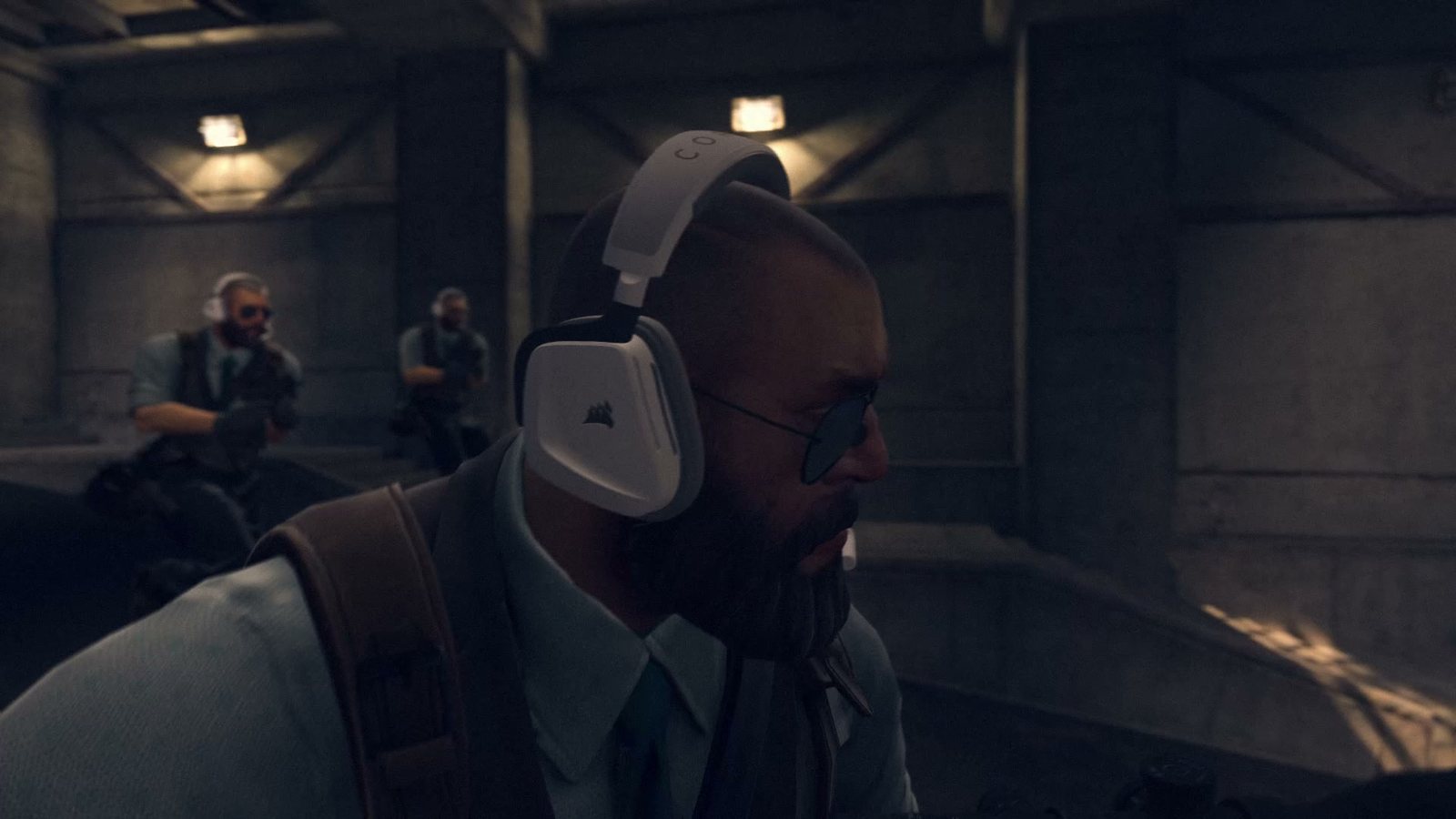 A Counter-Strike 2 character wearing a white Corsair headset, with two more characters wearing headsets in the background