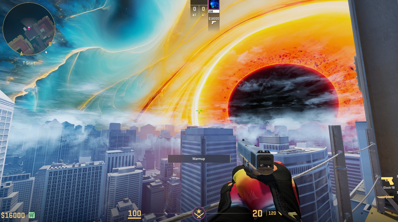 The Corsair skybox seen in game: a swirling yellow, cyan and magenta sky over a city skyline above the map
